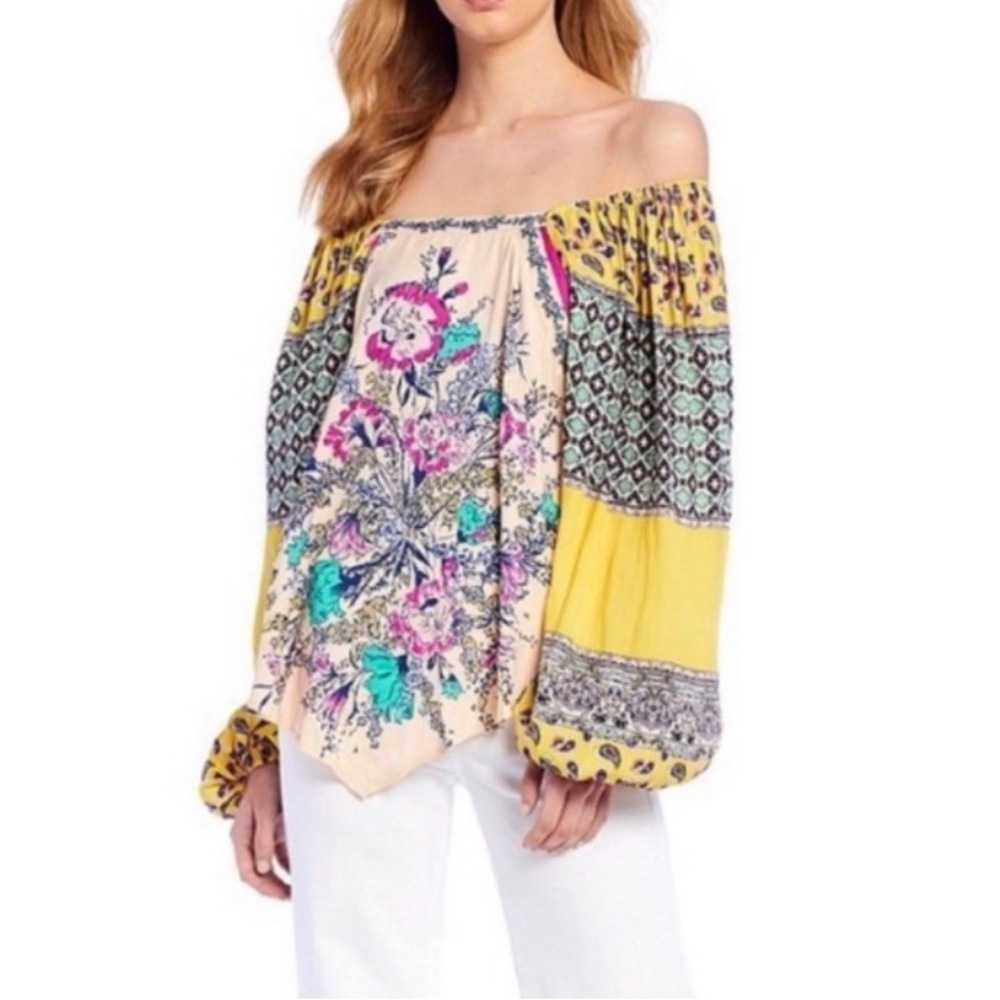Free People l M Positano Silky Mix Print Floral Off-Shoulder Boho Peasant Blouse